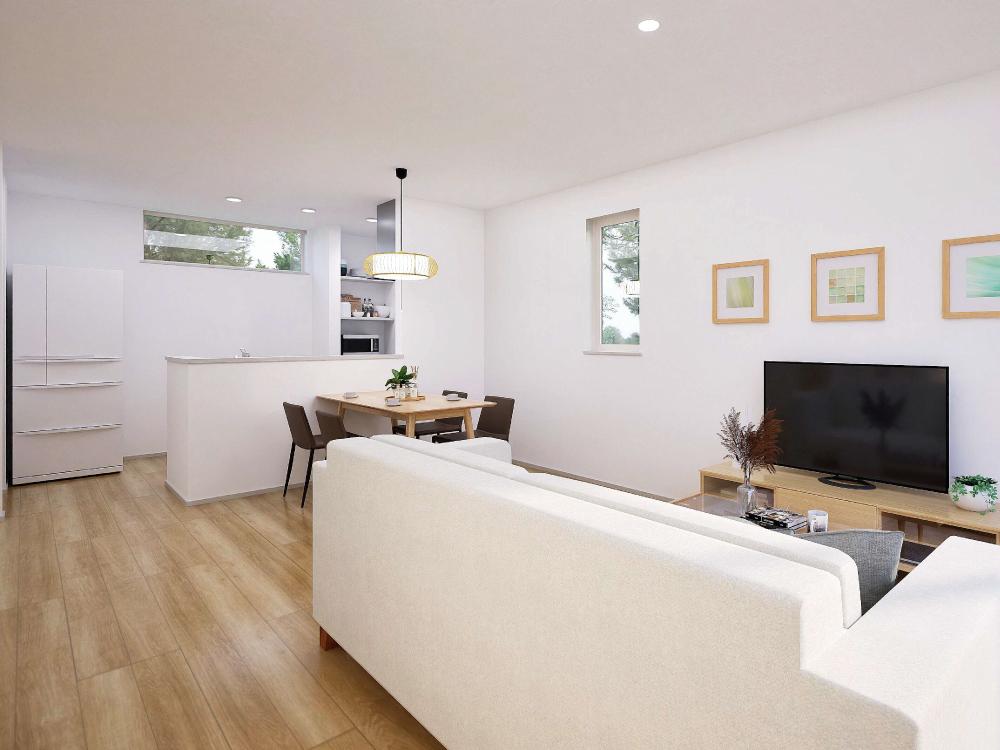 【完成予想図(内観)】キッチンからタタミコーナーやリビング学習の様子を見守れる安心設計。家事をしながら自然と家族の時間を共有できます。※写真はイメージです。