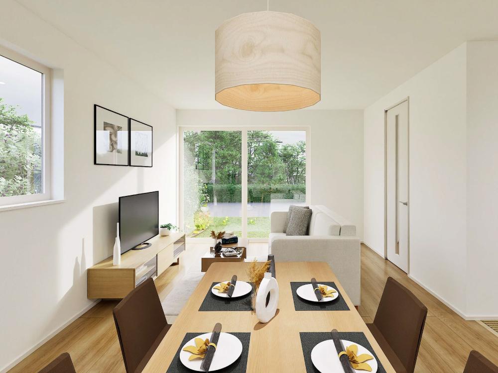 【完成予想図(内観)】南向きの窓から光がたっぷり差し込むLDK。明るく開放的な空間で、家族の時間を心地よく過ごせます。