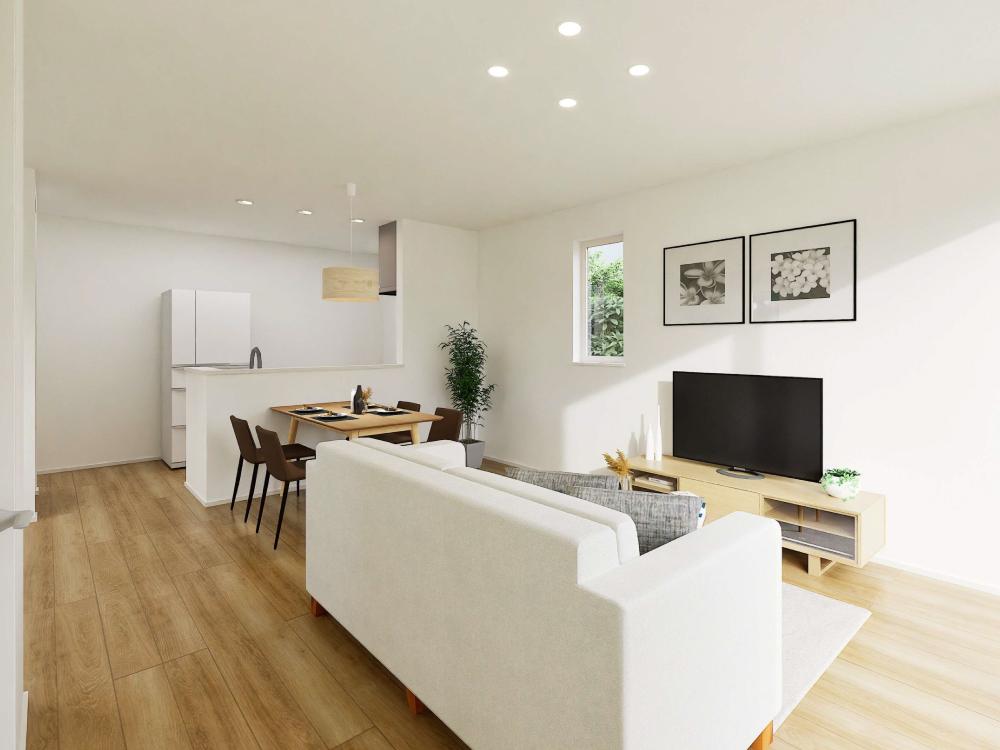 【完成予想図(内観)】リビング・ダイニング・キッチンが一直線に並ぶ間取り。家族の会話や笑顔が自然と広がる、心地よい暮らしを叶えます。