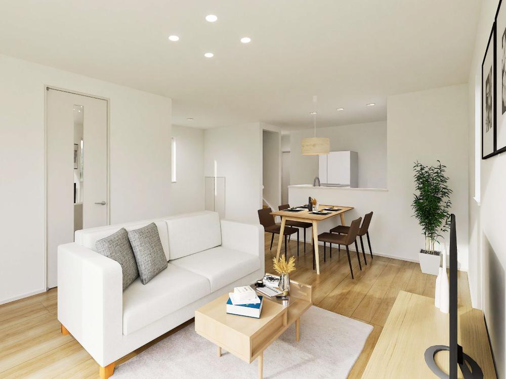 【完成予想図(内観)】水回りをキッチンのそばにまとめることで、家事の流れがスムーズに。毎日の暮らしが自然と快適になる工夫です。