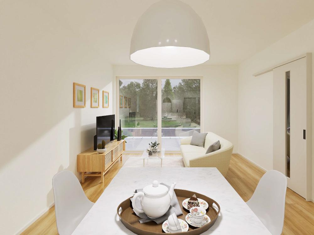 【完成予想図(内観)】南向きの窓から光がたっぷり差し込むLDK。明るく開放的な空間で、家族の時間を心地よく過ごせます。