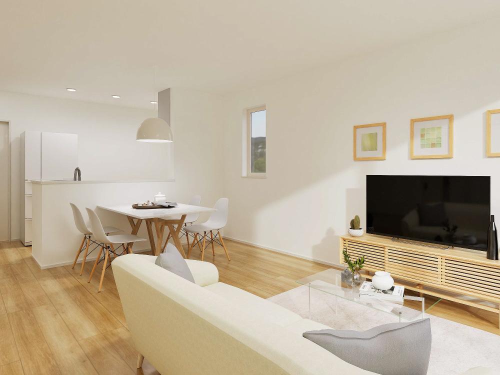 【完成予想図(内観)】リビング・ダイニング・キッチンが一直線に並ぶ間取り。家族の会話や笑顔が自然と広がる、心地よい暮らしを叶えます。