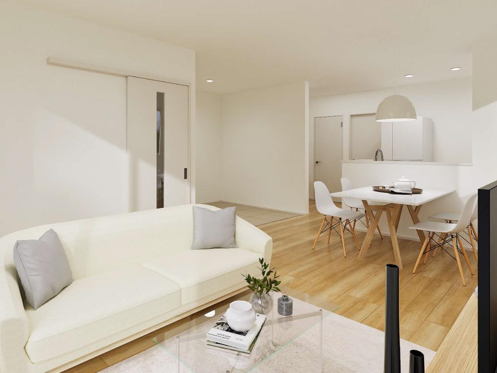 【完成予想図(内観)】水回りをキッチンのそばにまとめることで、家事の流れがスムーズに。毎日の暮らしが自然と快適になる工夫です。