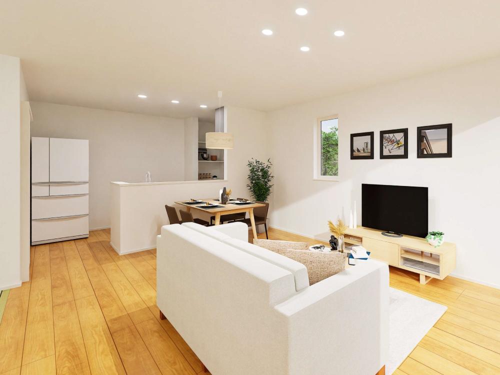 【完成予想図(内観)】リビング・ダイニング・キッチンが一直線に並ぶ間取り。家族の会話や笑顔が自然と広がる、心地よい暮らしを叶えます。