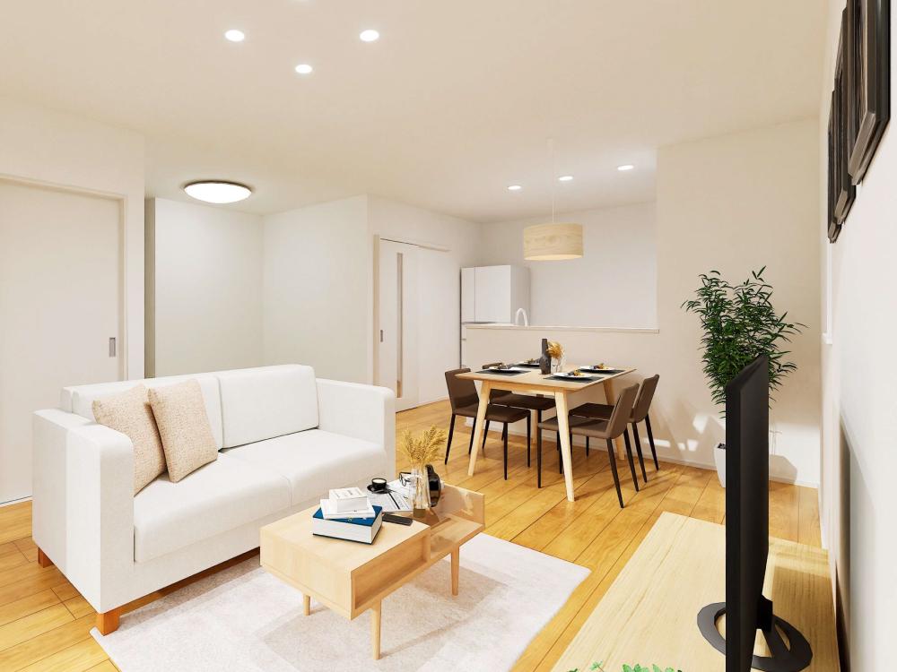 【完成予想図(内観)】タタミコーナーを合わせて約18.8帖の広々LDK。家族が自然と集まる心地よい空間です。さらにFCL付きで、将来は平屋のように1階だけで暮らすことも可能。長く快適に過ごせる間取りです。