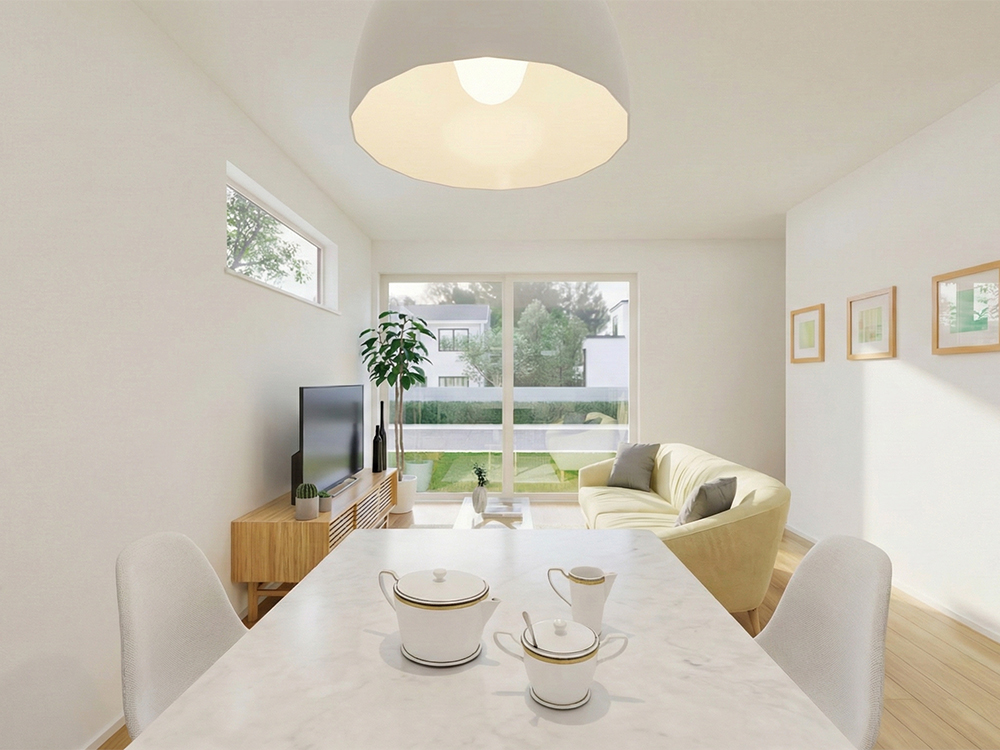 【完成予想図(内観)】キッチンから掃き出し窓に視線が抜けて奥行きと開放感を感じやすい縦長のLDK。リビング全体やタタミコーナーを見渡せるので家事をしながらお子様の見守りもしやすいです。