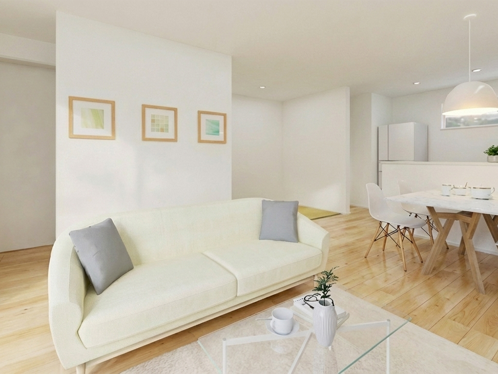 【完成予想図(内観)】リビングには床座で寛げるタタミコーナーが隣接。リビングをより広く使えます。