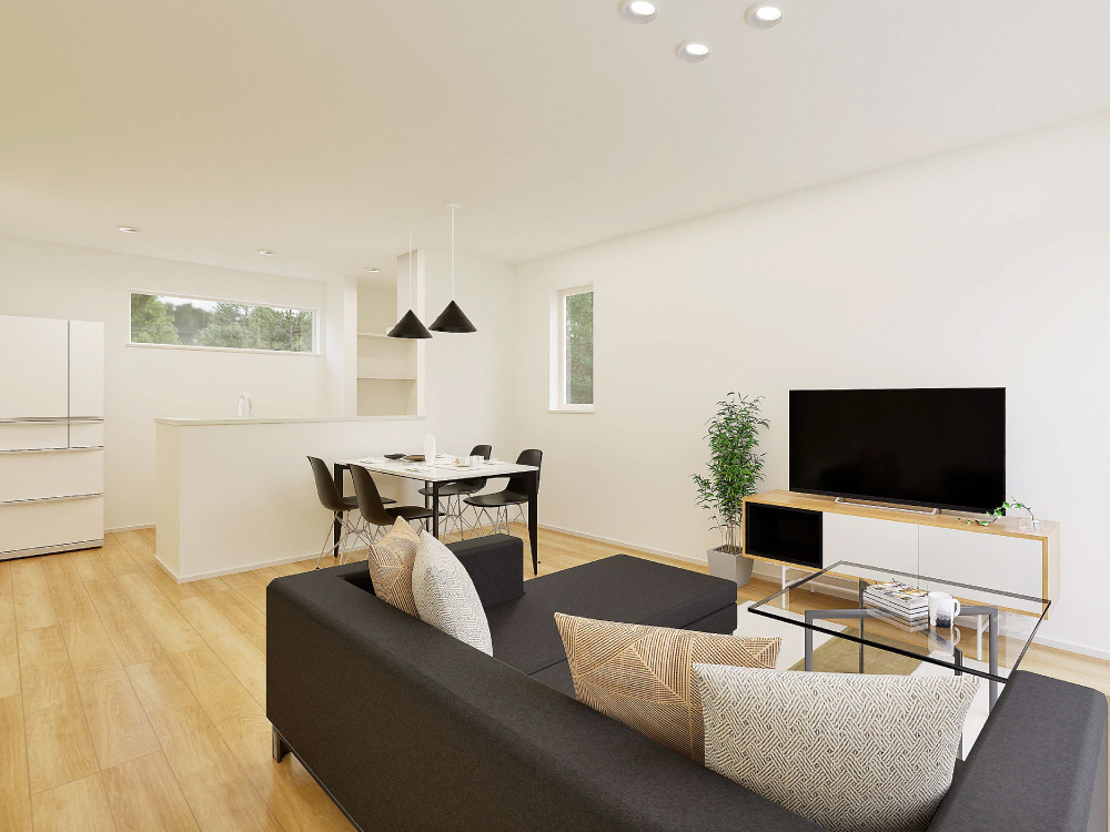 【完成予想図(内観)】3面からの採光で明るいリビング。 家族が思い思いの場所で寛げます