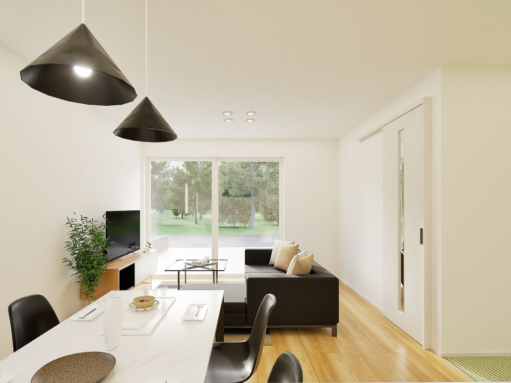 【完成予想図(内観)】キッチンからはリビングが見通せるので、家族との会話を楽しみながら家事ができる快適な空間です。