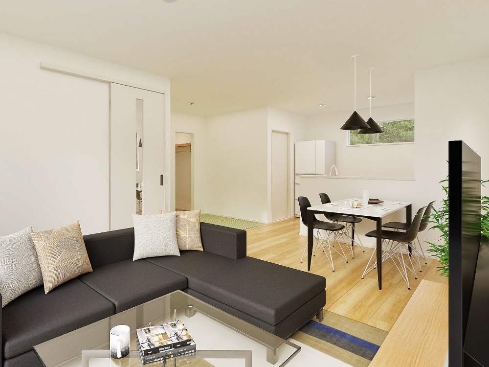 【完成予想図(内観)】リビングにはタタミコーナーつき！床座でゆったり過ごしたり、家事をしたりあると嬉しいスペースです。