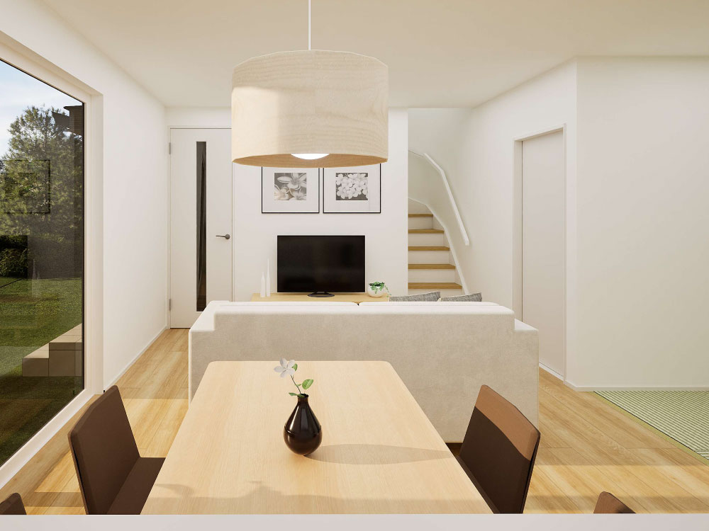 【完成予想図(内観)】キッチンに立っていても、リビング全体やタタミコーナーを見渡せるので家事をしながらお子様の見守りもしやすいLDK