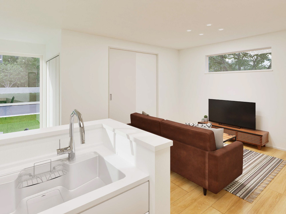 【完成予想図(内観)】リビングには床座で寛げるタタミコーナーが隣接。あわせて20帖の広々リビング!