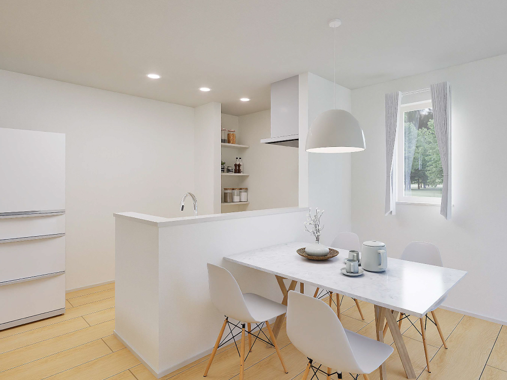 【完成予想図(内観)】キッチンの奥に水まわりをまとめた、使いやすい間取り。料理・洗濯・片付けの流れがスムーズで、移動も最小限。忙しい時間帯も、自然と効率よく動ける設計です。