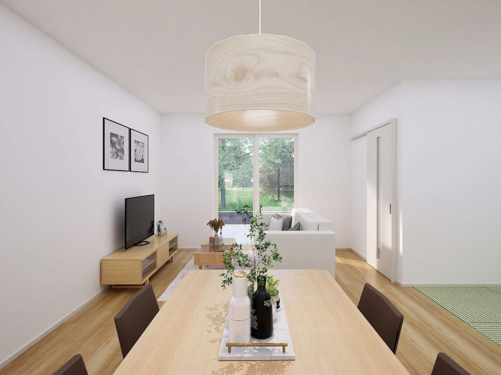 【完成予想図(内観)】南向きの窓から光がたっぷり差し込むLDK。明るく開放的な空間で、家族の時間を心地よく過ごせます。