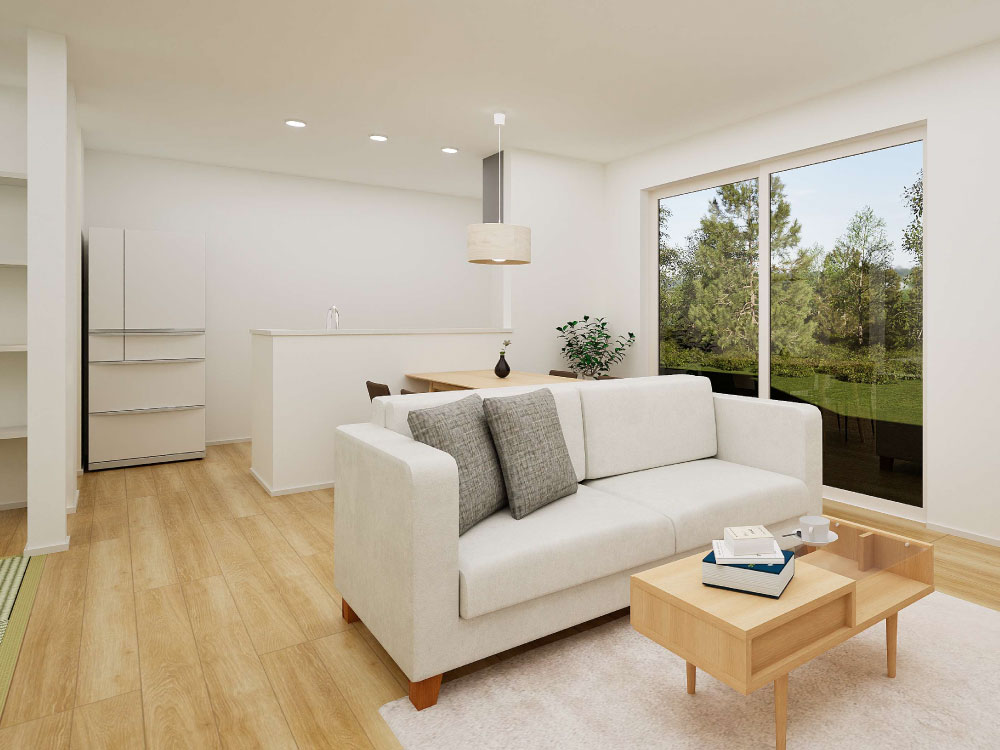 【完成予想図(内観)】南面の掃き出し窓からたっぷり陽光を取り込む明るいリビングです。