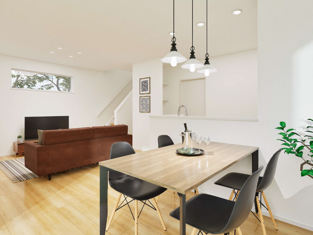 【完成予想図(内観)】水回りをキッチンの後方にまとめて、家事効率UP!