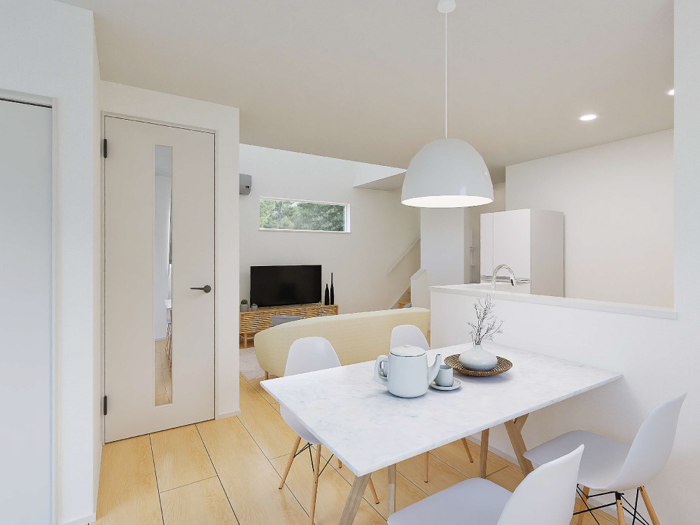 【完成予想図(内観)】三方向の窓と吹き抜けから光が降り注ぐ、開放的なL字型LDK。時間とともに変わる光の表情が、心地よい空間を演出します。どこにいても明るさとゆとりを感じられるリビングです。