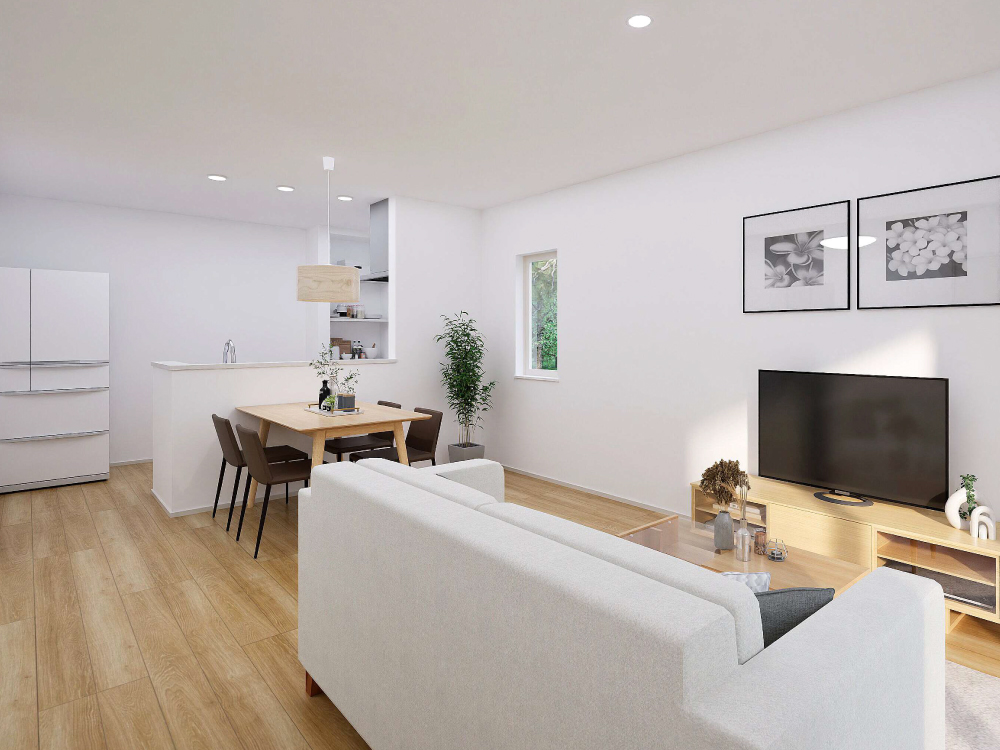 【完成予想図(内観)】リビング・ダイニング・キッチンが一直線に並ぶ間取り。家族の会話や笑顔が自然と広がる、心地よい暮らしを叶えます。