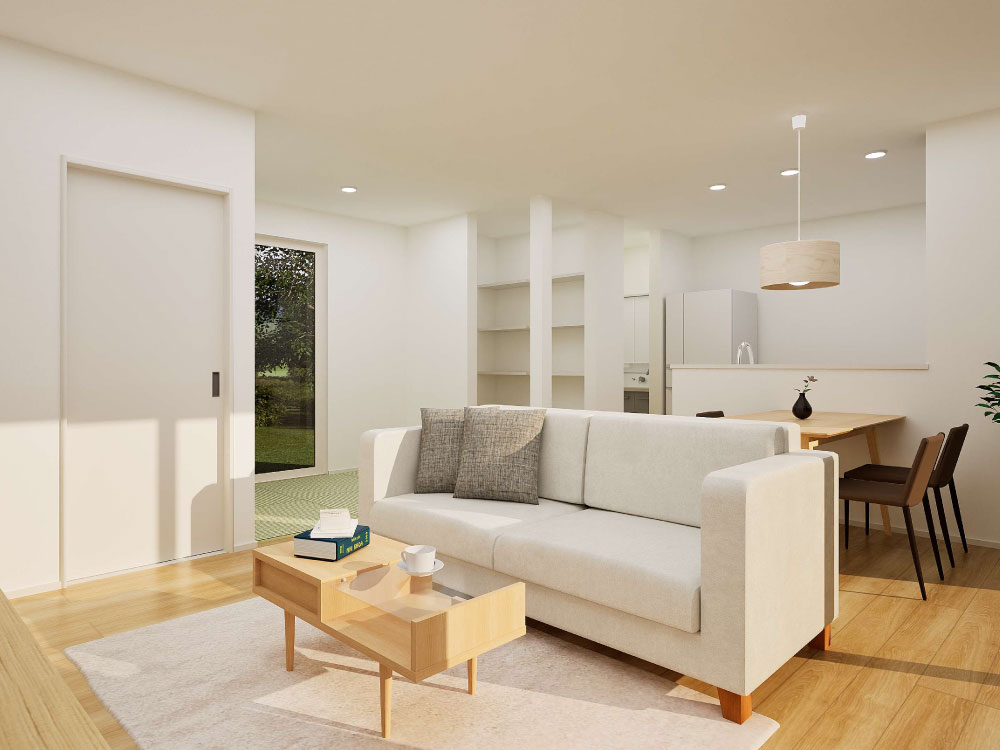 【完成予想図(内観)】リビングには床座で寛げるタタミコーナーが隣接。リビングをより広く使えます。