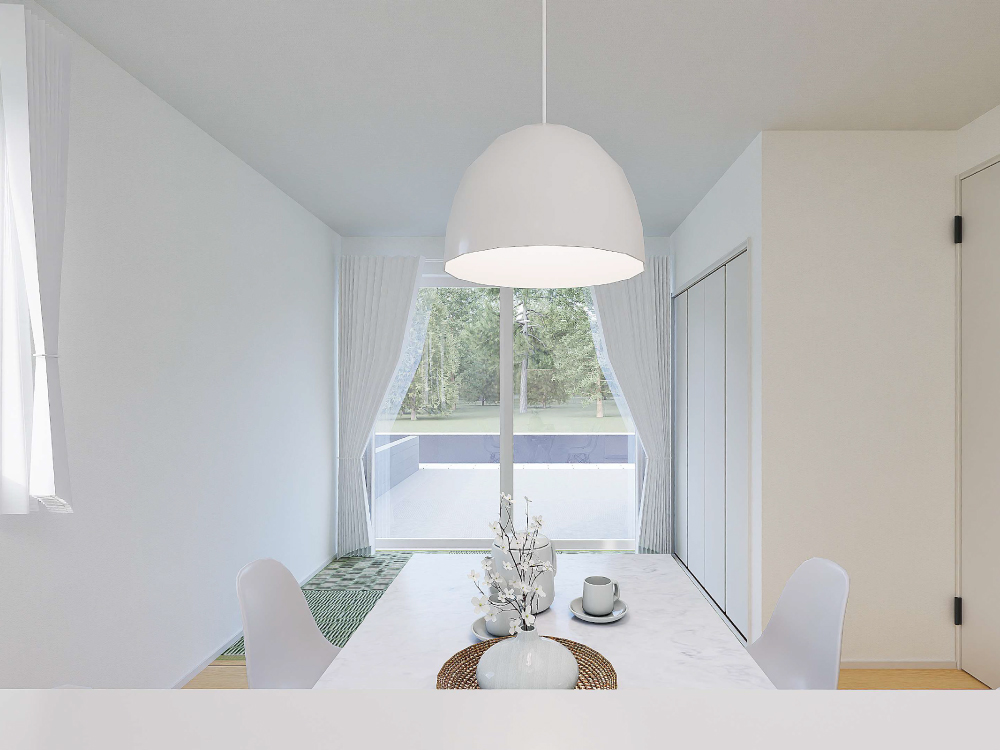 【完成予想図(内観)】対面キッチンからリビング全体を見渡せるL字型LDK。料理をしながら家族と会話を楽しめる、心地よい距離感です。自然と笑顔が集まる、家族の中心となる空間です