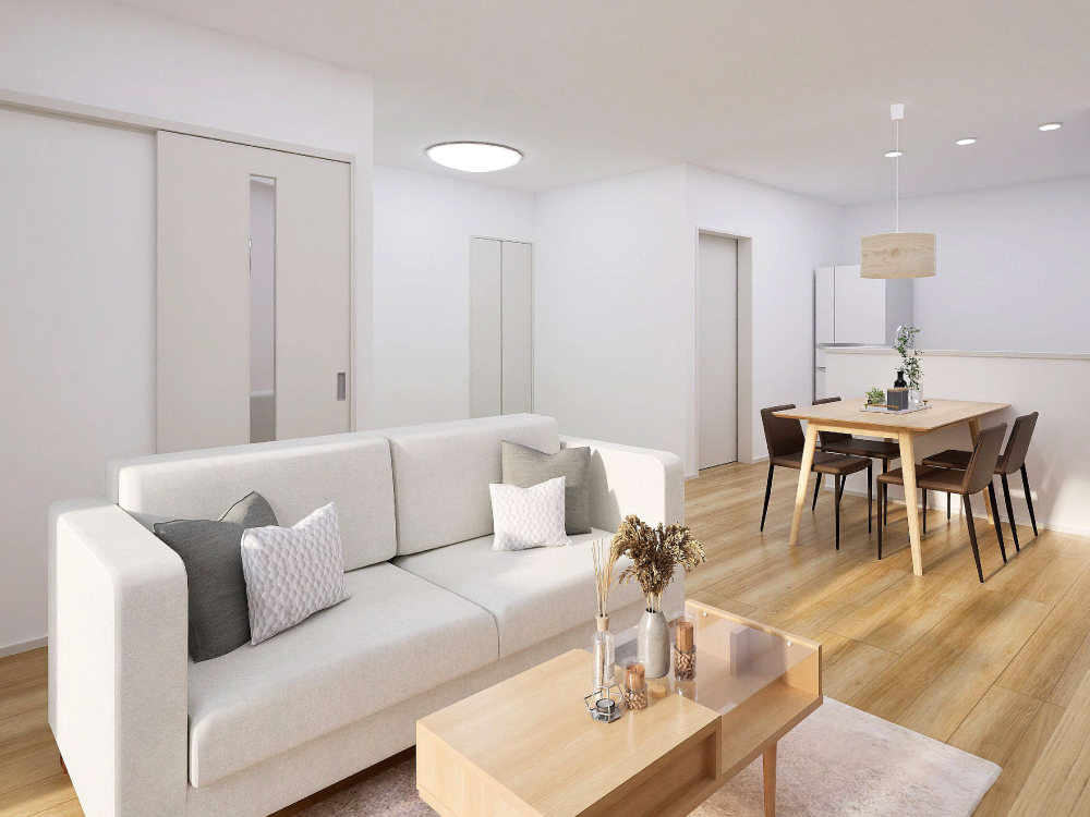 【完成予想図(内観)】水回りをキッチンのそばにまとめることで、家事の流れがスムーズに。毎日の暮らしが自然と快適になる工夫です。