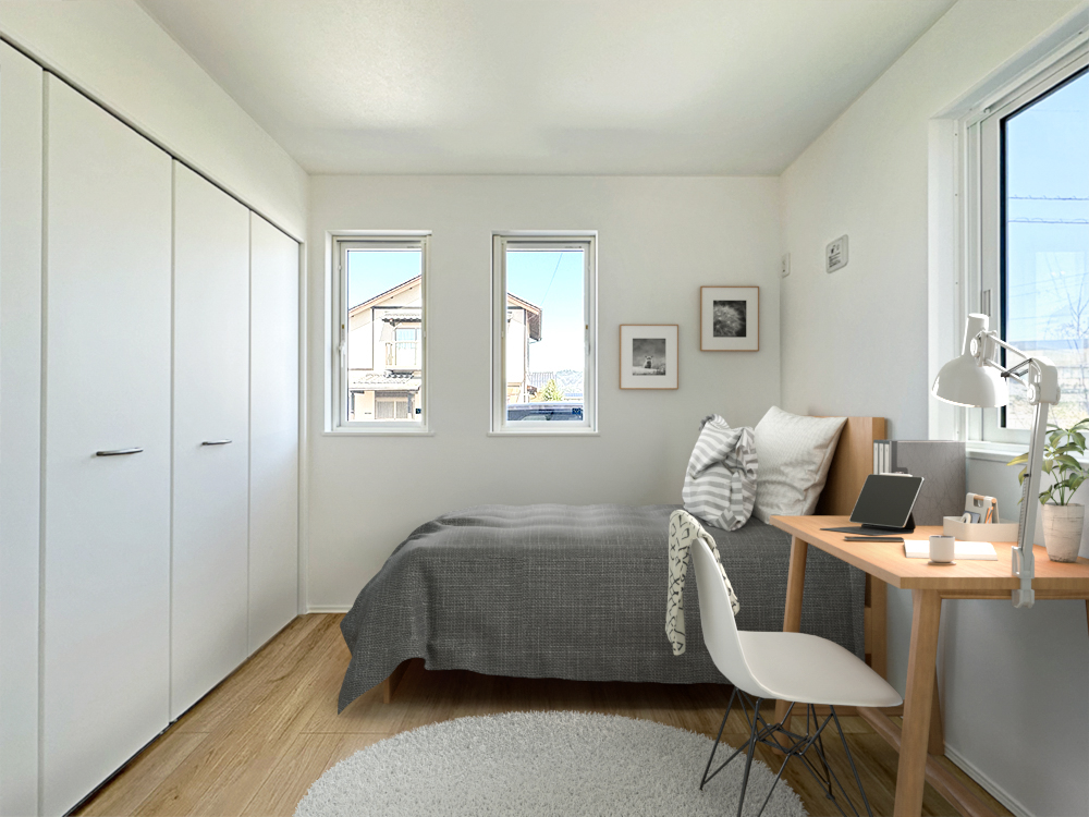 【収納付き居室（8帖）＋WIC】ベッドをつなげて置いて、家族みんなでお休みもできる広さです。※家具・小物等はCGで合成したイメージです※写真はイメージです。