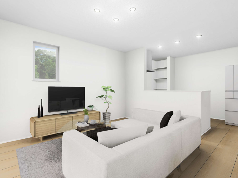 【完成予想図(内観)】キッチンに立っていても、リビング全体やタタミコーナーを見渡せます。くつろぐスペースと食事のスペースをゆるく分けられるLDKです。