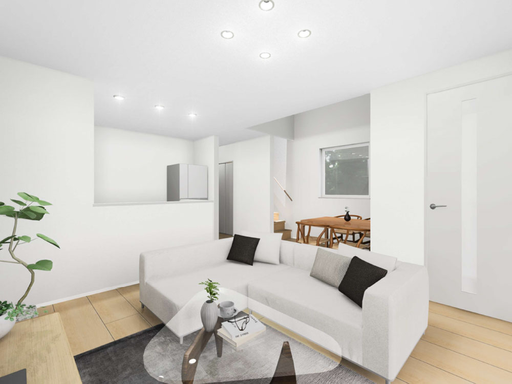 【完成予想図(内観)】収納や水回りをキッチンの後方にまとめて、家事効率UP！