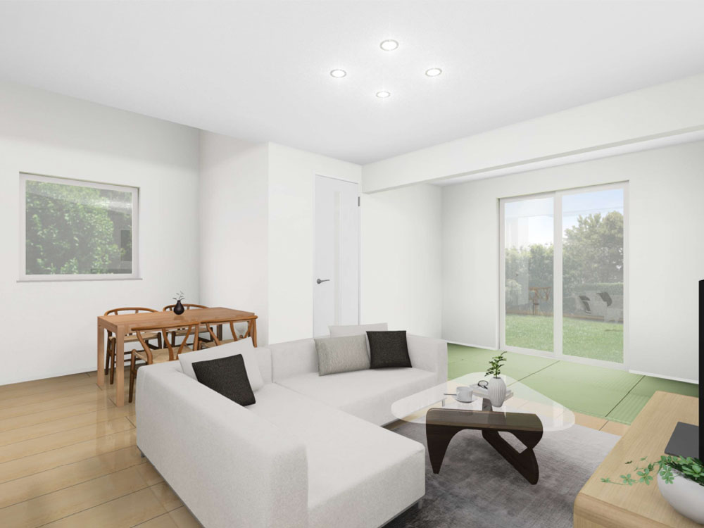 【完成予想図(内観)】リビングには床座で寛げるタタミコーナーが隣接。リビングをより広く使えます。