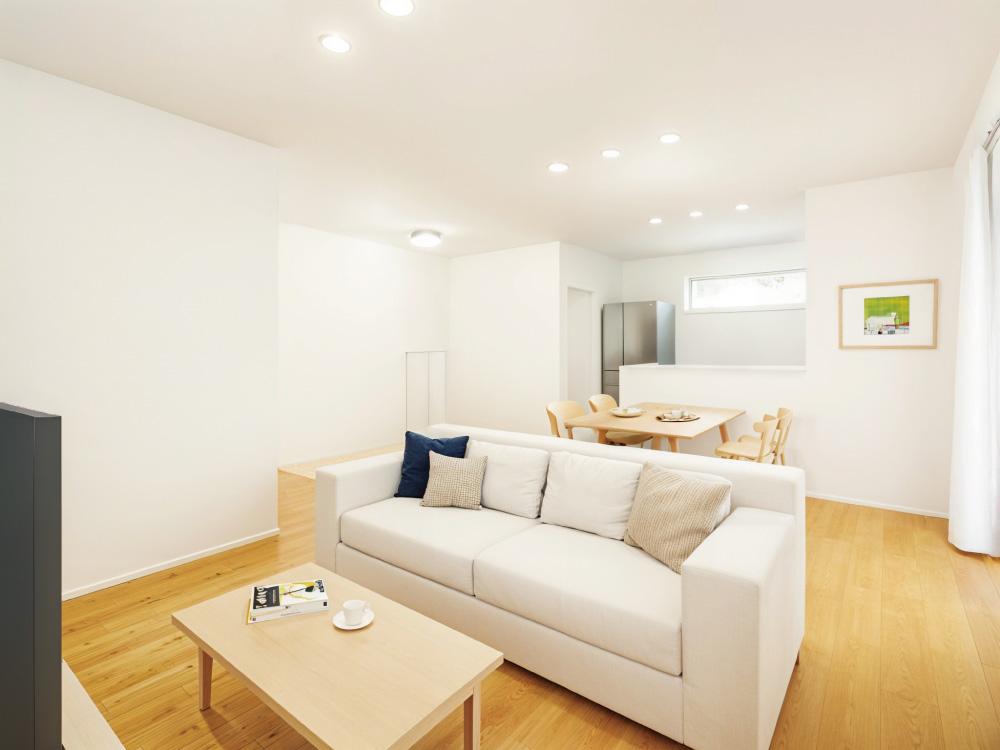 【完成予想図(内観)】キッチンの横に水まわりをまとめた、使いやすい間取り。料理・洗濯・片付けの流れがスムーズで、移動も最小限。忙しい時間帯も、自然と効率よく動ける設計です。