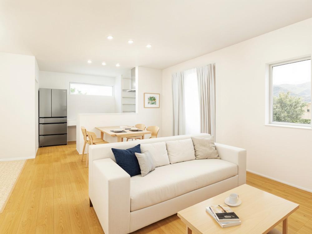 【完成予想図(内観)】対面キッチンからリビング全体を見渡せるLDK。料理をしながら家族と会話を楽しめる、心地よい距離感です。自然と笑顔が集まる、家族の中心となる空間です。