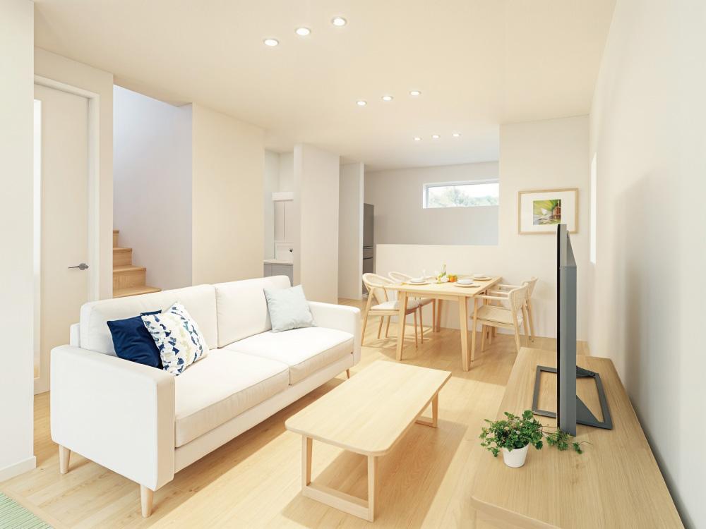 【完成予想図(内観)】キッチンからはリビングが見通せるので、家族との会話を楽しみながら家事ができる快適な空間です。