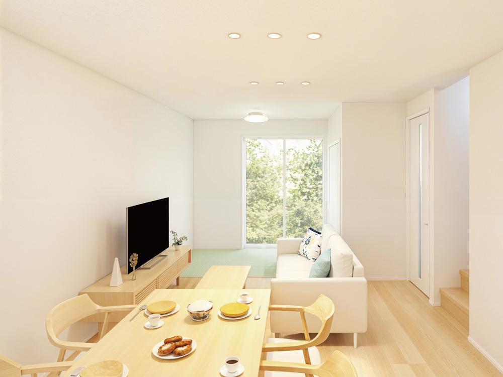 【完成予想図(内観)】リビングにはタタミコーナーつき!床座でゆったり過ごしたり、家事をしたりあると嬉しいスペースです。