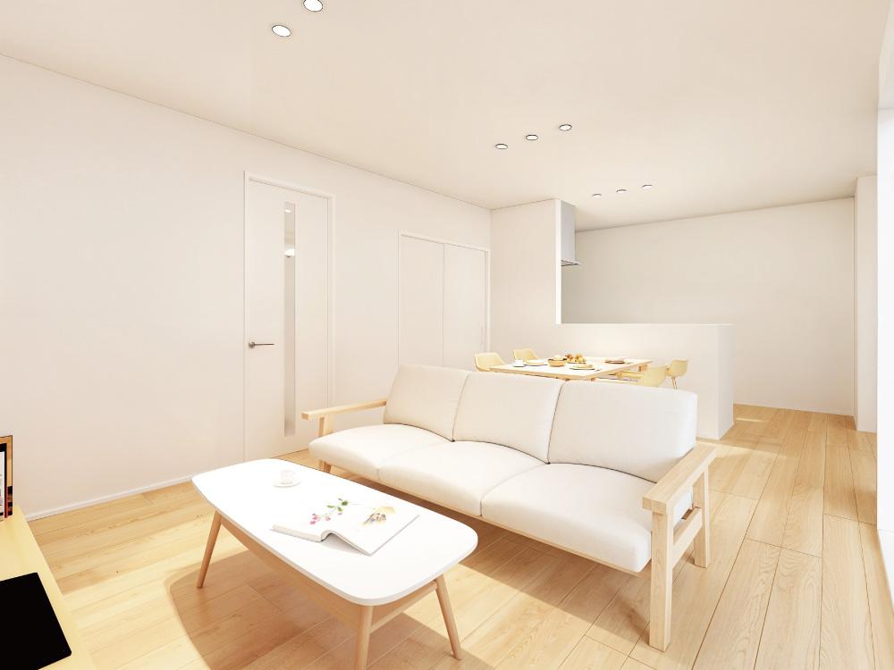 【完成予想図(内観)】キッチンと水回りを近くに配置することで、移動がスムーズになり家事ラク動線に♪洗濯や料理を同時進行しやすく、家事効率もアップ！時短につながり、毎日の暮らしにゆとりが生まれます