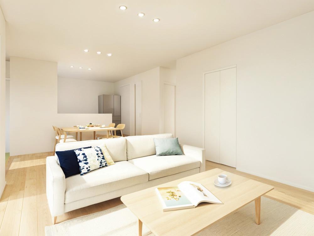 【完成予想図(内観)】キッチンからタタミコーナーやリビング学習の様子を見守れる安心設計。家事をしながら自然と家族の時間を共有できます。