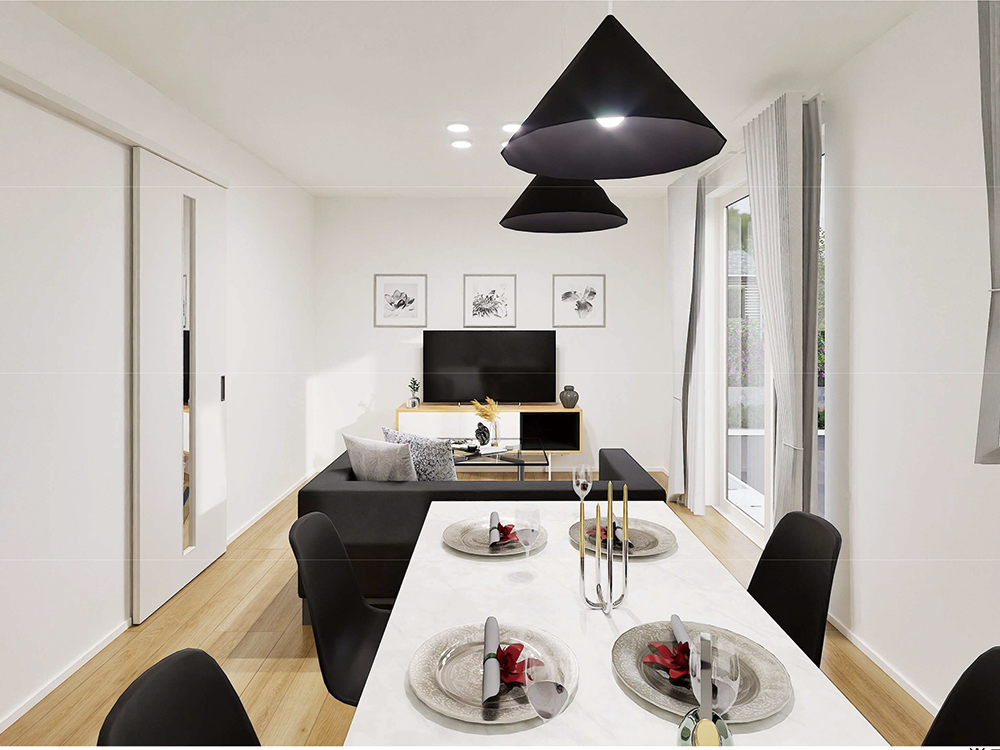 【完成予想図(内観)】キッチンに立っていてもリビングを見渡せるので家族との会話も弾みます。