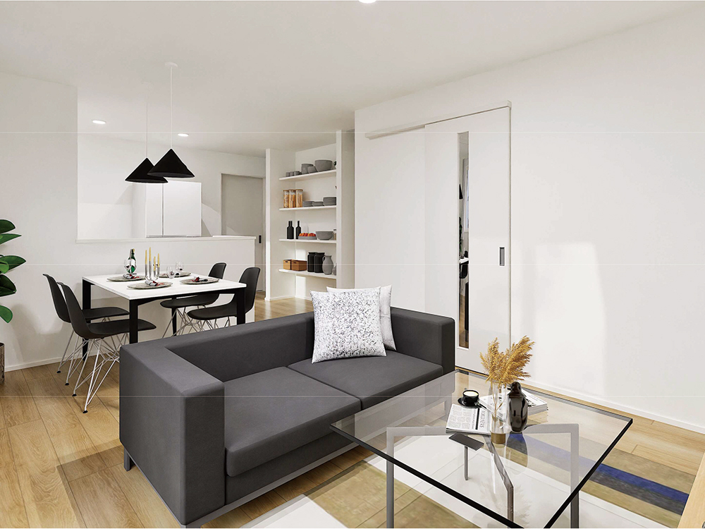 【完成予想図(内観)】家族のコミュニケーション育むリビング階段を採用しました。