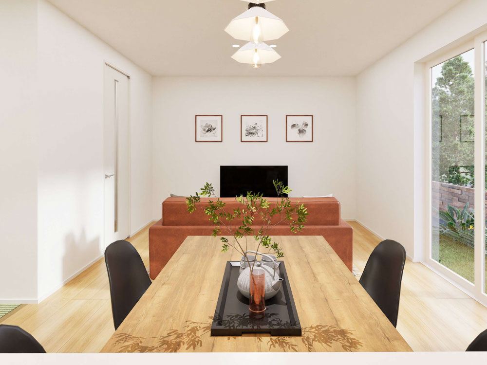 【完成予想図(内観)】キッチンからタタミコーナーやリビング学習の様子を見守れる安心設計。家事をしながら自然と家族の時間を共有できます。