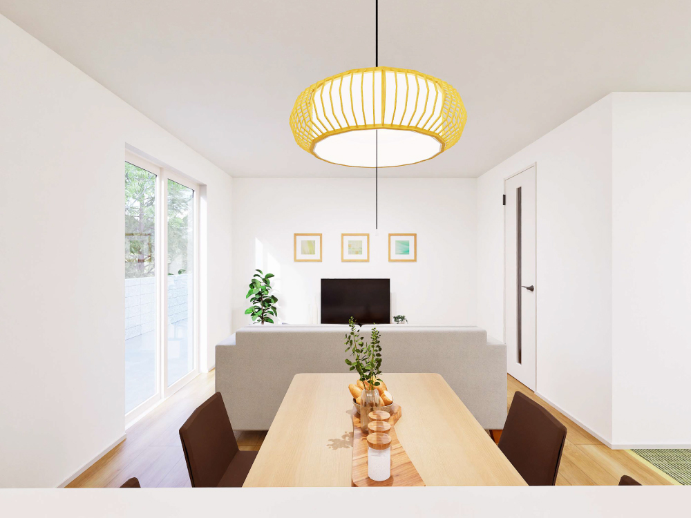 【完成予想図(内観)】キッチンからタタミコーナーやリビング学習の様子を見守れる安心設計。家事をしながら自然と家族の時間を共有できます。