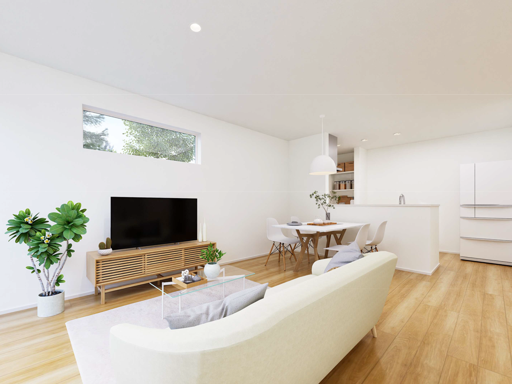 【完成予想図(内観)】キッチンと横並びに水回りを集約し、家事の動線をスムーズに。料理や身支度の流れが自然につながるから、忙しい時間帯も落ち着いて過ごせます。