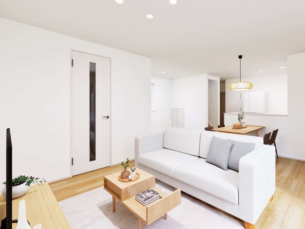 【完成予想図(内観)】キッチンの奥に水回りを集約し、家事の動線をスムーズに。料理や身支度の流れが自然につながるから、忙しい時間帯も落ち着いて過ごせます。生活の中心が整う安心の配置です。