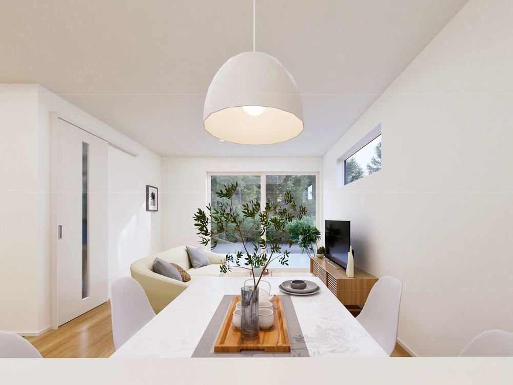 【完成予想図(内観)】キッチンからタタミコーナーやリビング学習の様子を見守れる安心設計。家事をしながら自然と家族の時間を共有できます。