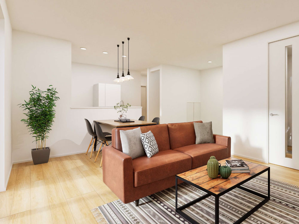 【完成予想図(内観)】キッチンの奥に水回りを集約し、家事の動線をスムーズに。料理や身支度の流れが自然につながるから、忙しい時間帯も落ち着いて過ごせます。生活の中心が整う安心の配置です。