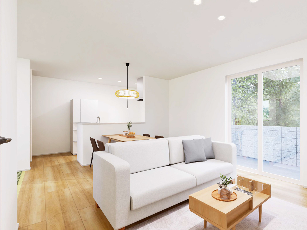 【完成予想図(内観)】南側の大きな窓から光がたっぷり差し込むLDK。日中は照明いらずの明るさで、家族が自然と集まる心地よい空間です。ぬくもりを感じながら、穏やかな時間を過ごせます。