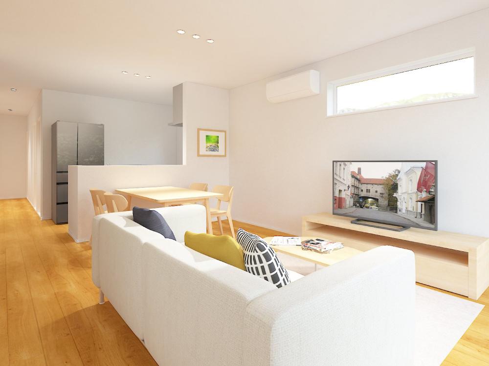 【完成予想図(内観)】直線的な間取りで家具配置もしやすいLDK。三方向に窓を設けているため、朝からやわらかな自然光がたっぷり差し込み、明るく開放感のある空間です。家族が自然と集まり、ゆったりとした時間を心地よく過ごせます。※写真はイメージです。