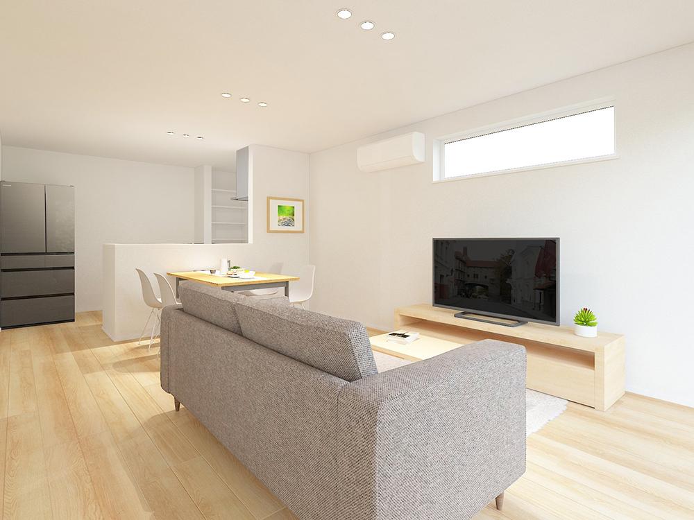 【完成予想図(内観)】対面キッチンからリビング全体を見渡せるLDK。お料理しながらリビング学習やタタミコーナーで遊ぶお子様を見守れる安心の間取り設計。※写真はイメージです。