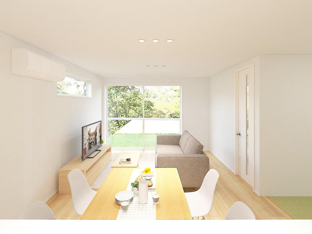 【完成予想図(内観)】床座でくつろげるタタミコーナーが隣接した家族だんらんリビング。南向きの大きな窓からたっぷり日差しを取り込りこみます。※写真はイメージです。