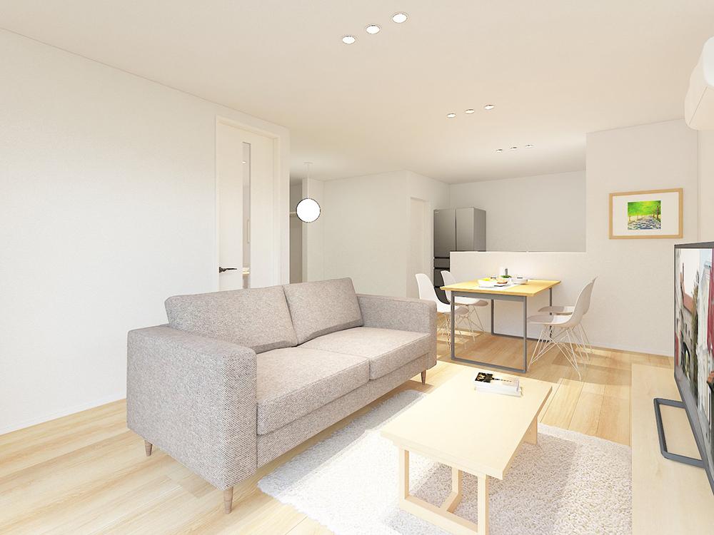 【完成予想図(内観)】キッチン横に水回りを集約した家事ラク動線です。※写真はイメージです。