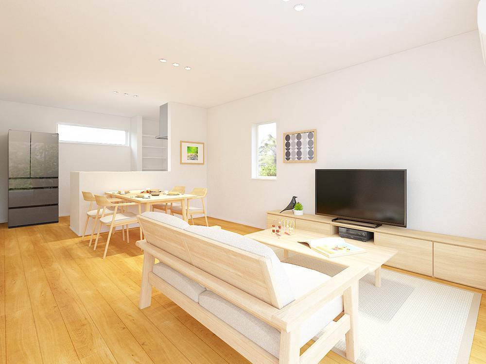 【完成予想図(内観)】レイアウトが楽しめる縦長のLDK!キッチン横に水回りを集約した家事ラク動線です。