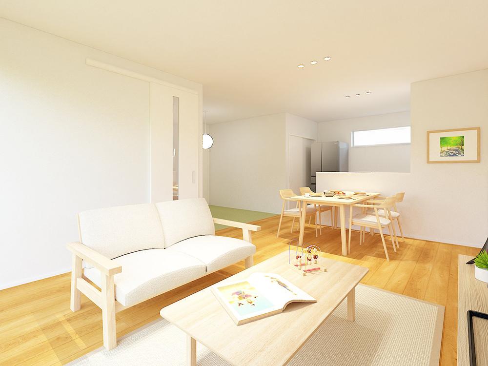 【完成予想図(内観)】床座でくつろげるタタミコーナーが隣接した家族だんらんリビング